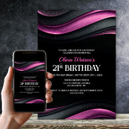 Modern Black and Pink 21st Birthday Party 招待状