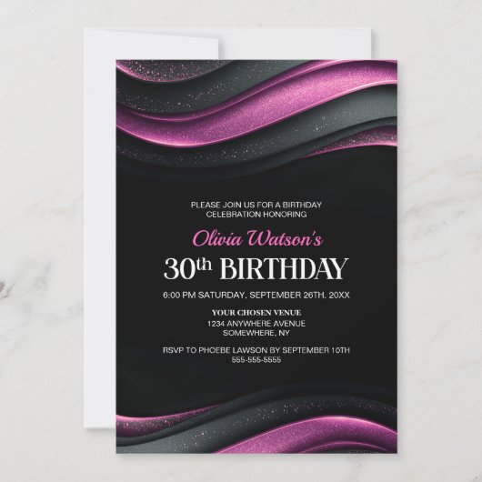 Modern Black and Pink 30th Birthday Party 招待状 (正面)