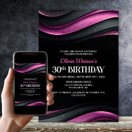 Modern Black and Pink 30th Birthday Party 招待状