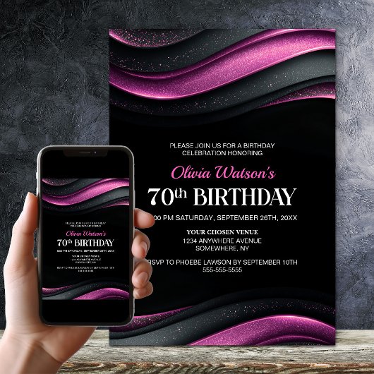 Modern Black and Pink 70th Birthday Party 招待状