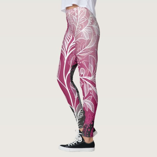 Modern Black and Pink Floral and Leaf Leggings レギンス (左)