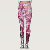 Modern Black and Pink Floral and Leaf Leggings レギンス (正面)