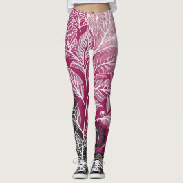 Modern Black and Pink Floral and Leaf Leggings レギンス