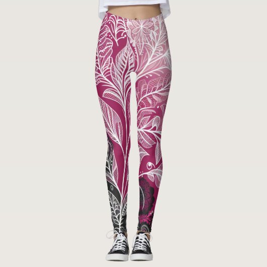 Modern Black and Pink Floral and Leaf Leggings レギンス (正面)
