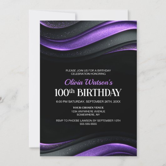 Modern Black and Purple 100th Birthday Party 招待状 (正面)