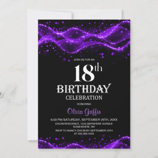 Modern Black and Purple 18th Birthday Party 招待状 (正面)