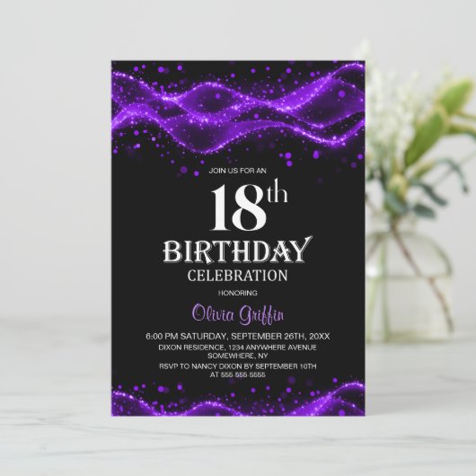 Modern Black and Purple 18th Birthday Party 招待状 (スタンド正面)