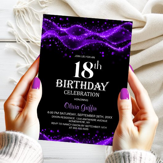 Modern Black and Purple 18th Birthday Party 招待状