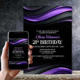 Modern Black and Purple 21st Birthday Party 招待状