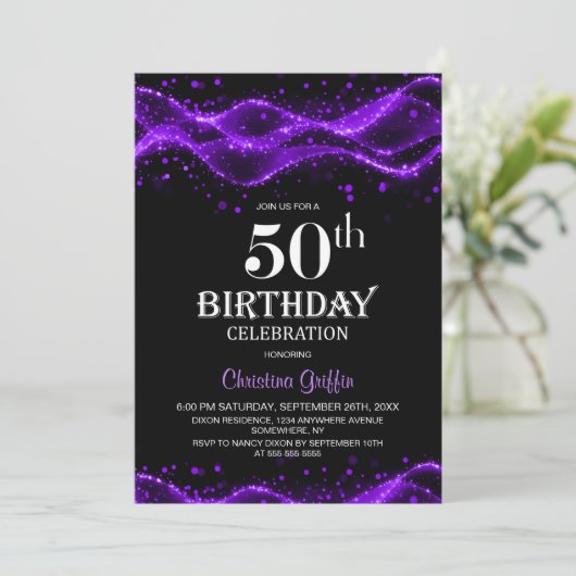Modern Black and Purple 50th Birthday Party 招待状 (スタンド正面)