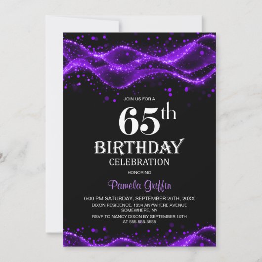 Modern Black and Purple 65th Birthday Party 招待状 (正面)