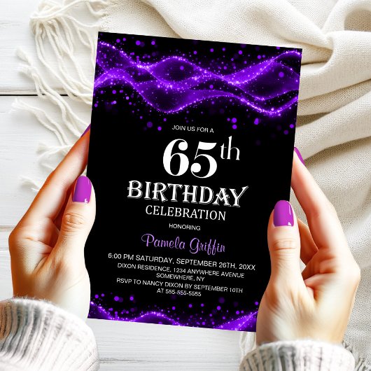 Modern Black and Purple 65th Birthday Party 招待状