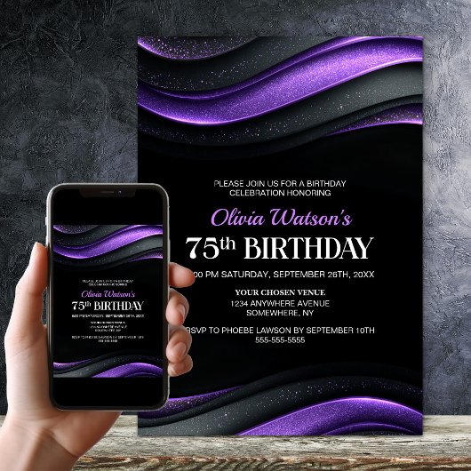 Modern Black and Purple 75th Birthday Party 招待状