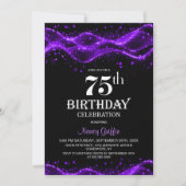 Modern Black and Purple 75th Birthday Party 招待状 (正面)