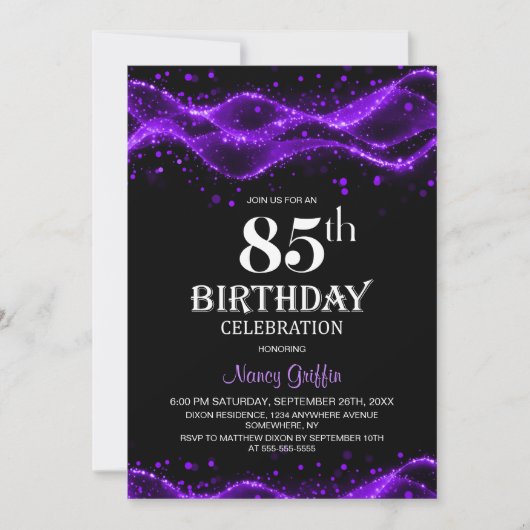 Modern Black and Purple 85th Birthday Party 招待状 (正面)