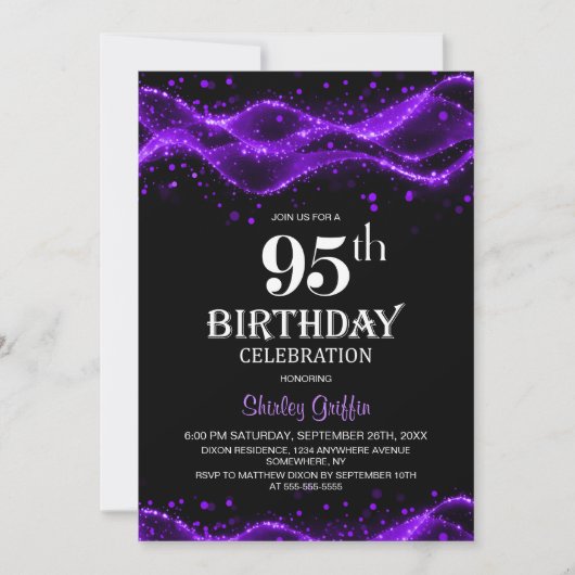 Modern Black and Purple 95th Birthday Party 招待状 (正面)