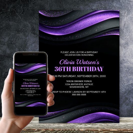 Modern Black and Purple Any Age Birthday Party 招待状