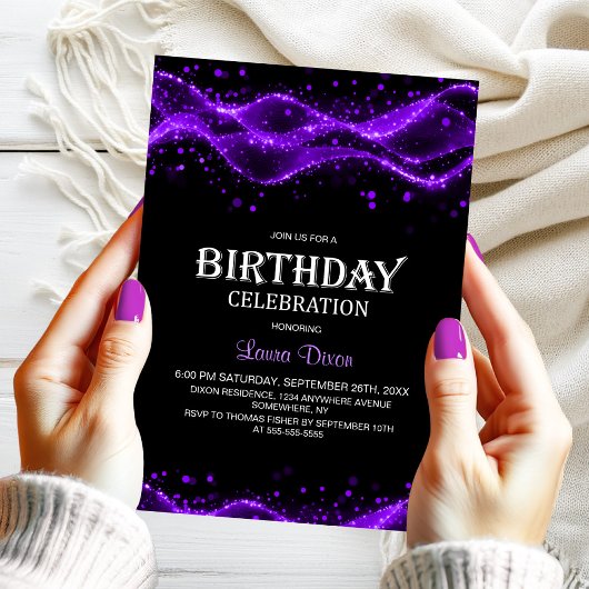 Modern Black and Purple Any Age Birthday Party 招待状