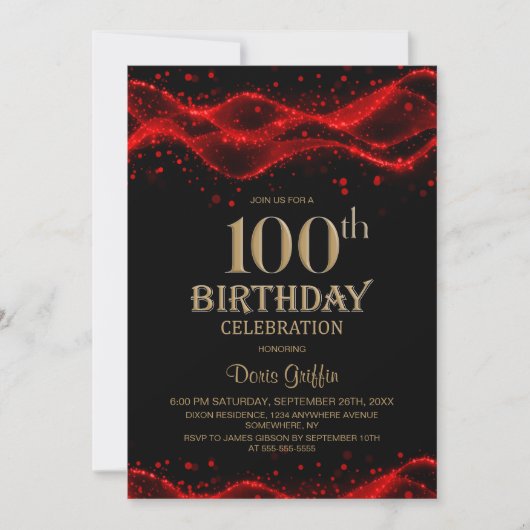 Modern Black and Red 100th Birthday Party 招待状 (正面)