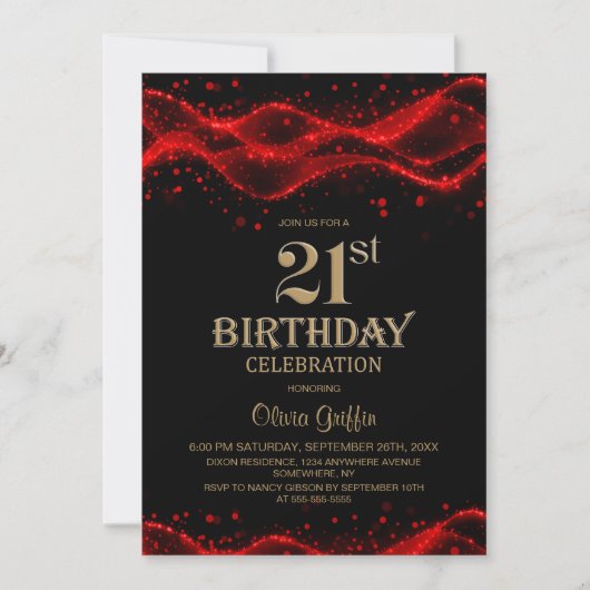 Modern Black and Red 21st Birthday Party 招待状 (正面)