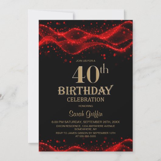 Modern Black and Red 40th Birthday Party 招待状 (正面)