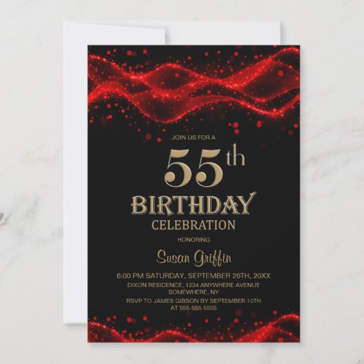 Modern Black and Red 55th Birthday Party 招待状 (正面)