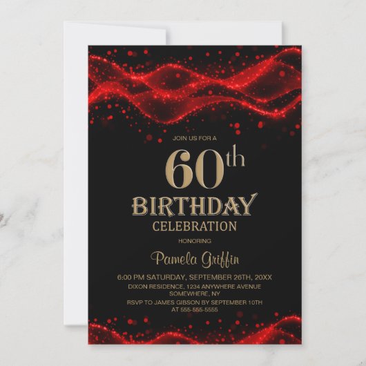 Modern Black and Red 60th Birthday Party 招待状 (正面)
