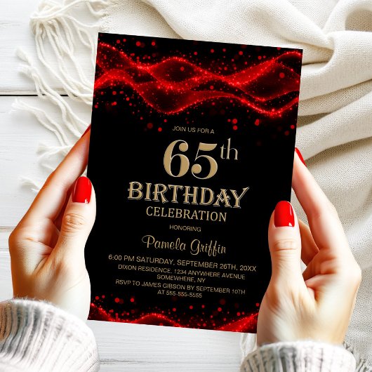 Modern Black and Red 65th Birthday Party 招待状