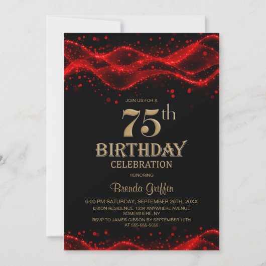 Modern Black and Red 75th Birthday Party 招待状 (正面)