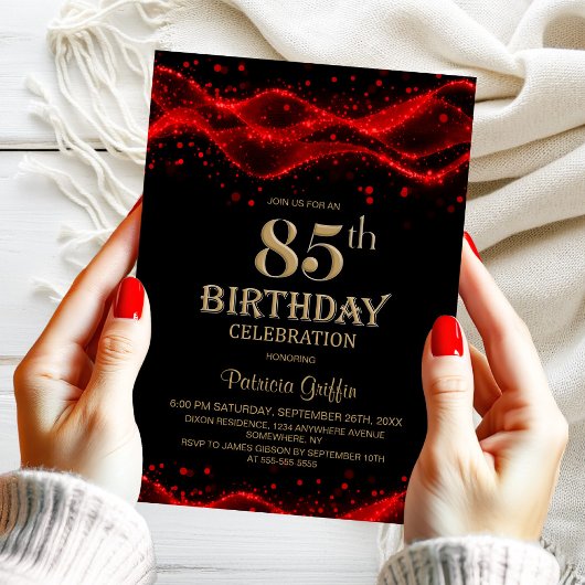 Modern Black and Red 85th Birthday Party 招待状