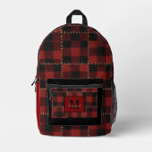 Modern Black and Red Buffalo Plaid Monogram Name  プリントバックパック (正面)
