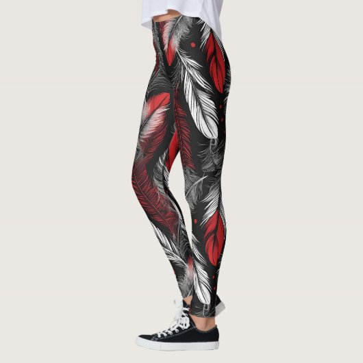 Modern Black and Red Feather Design Leggings レギンス (左)
