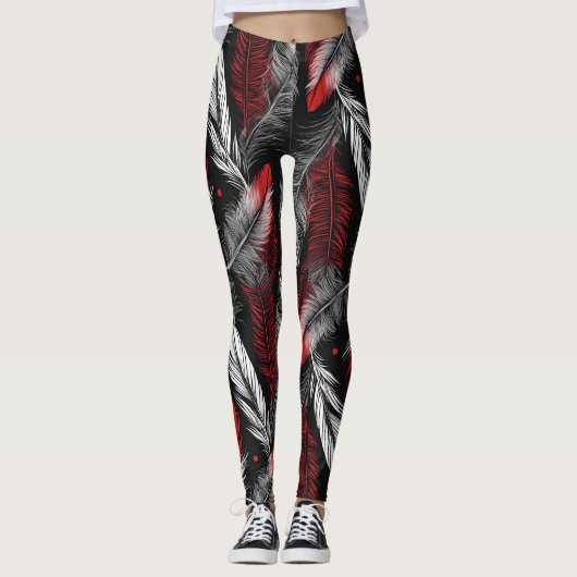 Modern Black and Red Feather Design Leggings レギンス (正面)