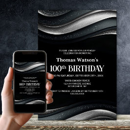 Modern Black and Silver 100th Birthday Party 招待状