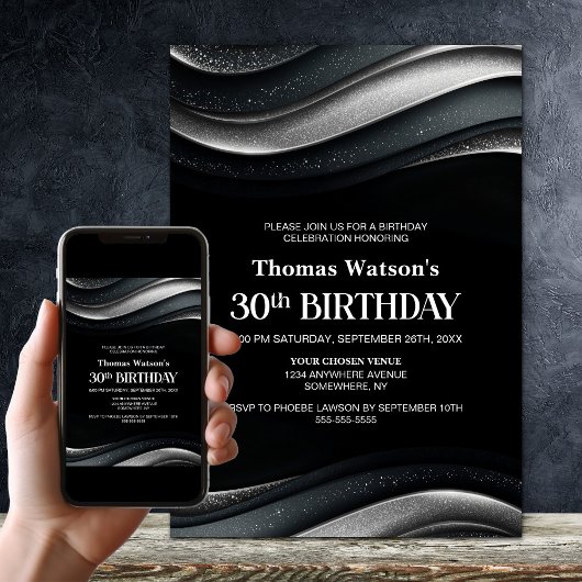 Modern Black and Silver 30th Birthday Party 招待状