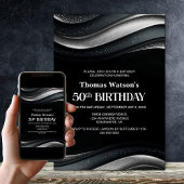 Modern Black and Silver 50th Birthday Party 招待状