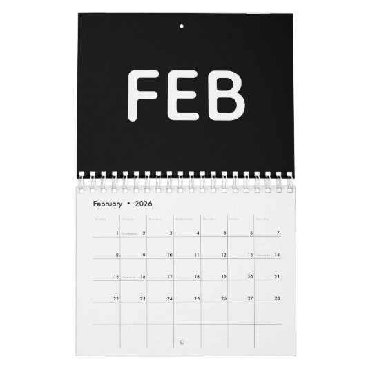 Modern Black and White 2026 カレンダー (2月 2026)