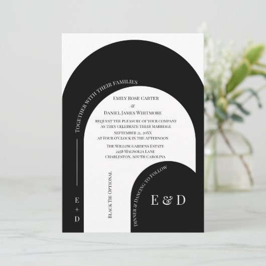 Modern Black and White Arched Wedding 招待状 (スタンド正面)