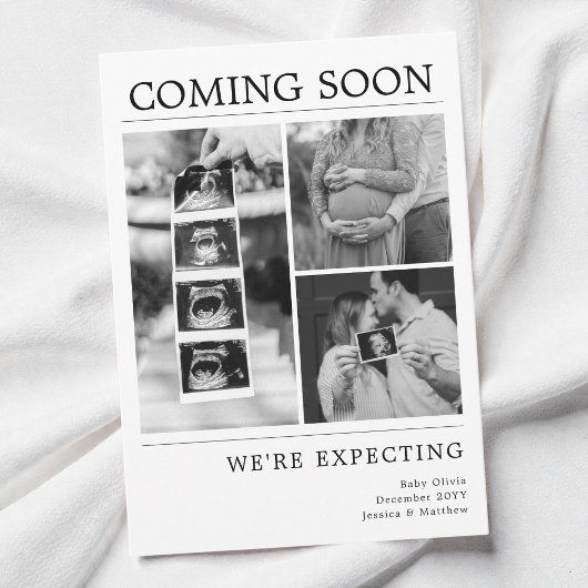 Modern Black and White Baby Photo Pregnancy Reveal 案内状