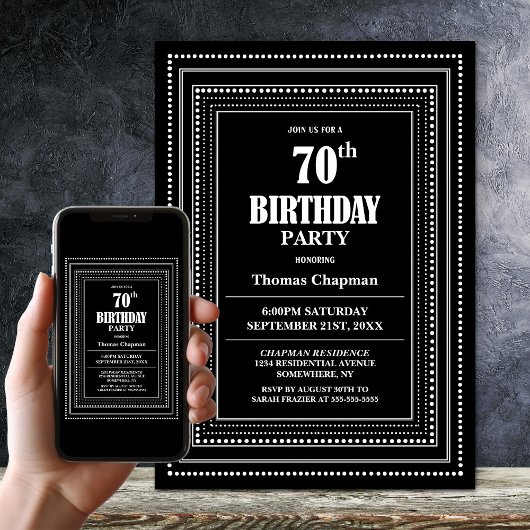 Modern Black and White Border 70th Birthday Party 招待状