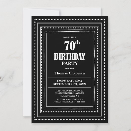 Modern Black and White Border 70th Birthday Party 招待状 (正面)