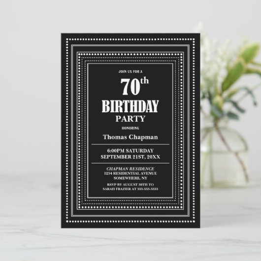 Modern Black and White Border 70th Birthday Party 招待状 (スタンド正面)