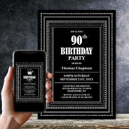 Modern Black and White Border 90th Birthday Party 招待状