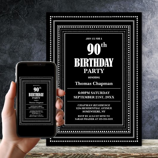Modern Black and White Border 90th Birthday Party 招待状
