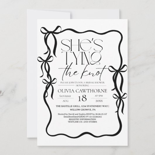 Modern Black  and White Bow Bridal Shower 招待状 (正面)