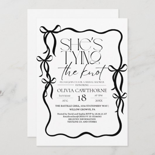 Modern Black and White Bow Bridal Shower 招待状 (正面/裏面)
