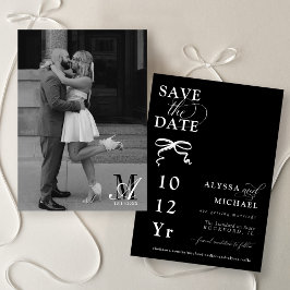 Modern Black and White Bow Photo Monogram Wedding セーブザデート