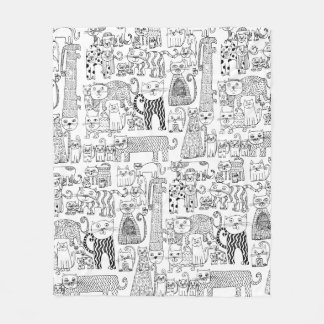Modern Black and White Cats And Kittens Patterned フリースブランケット