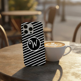 Modern Black and White Diagonal Stripes Monogram iPhone 15 Pro Maxケース
