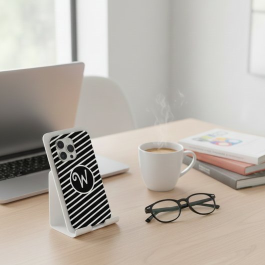 Modern Black and White Diagonal Stripes Monogram Case-Mate iPhoneケース